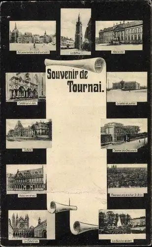 Ak Tournai Wallonien Hennegau, Caserne, Le Beffroi, Kathedrale, Hotel de Ville