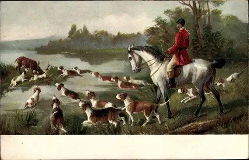 Litho Jagdhunde greifen einen Hirsch an, Mann zu Pferde