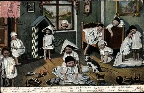 Ak Kleinkinder, Zimmer, Bett, Hund, Nachttopf, Toilettenhumor