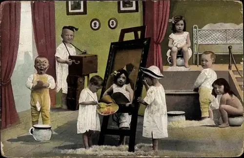 Ak Kleinkinder, Zimmer, Bett, Hund, Nachttopf, Toilettenhumor, Maler, Farbpalette