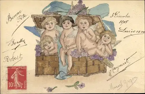 Litho Glückwunsch, Bonne Fete, Engel und Blumen in einer Truhe