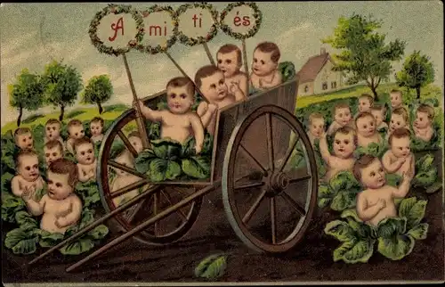 Präge Ak Glückwunsch Geburt, Babys in Kohlblättern, Fuhrwerk, Amities