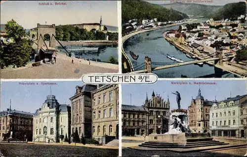 Ak Děčín Tetschen an der Elbe Region Aussig, Schloss, Brücke, Marktplatz, Marktbrunnen