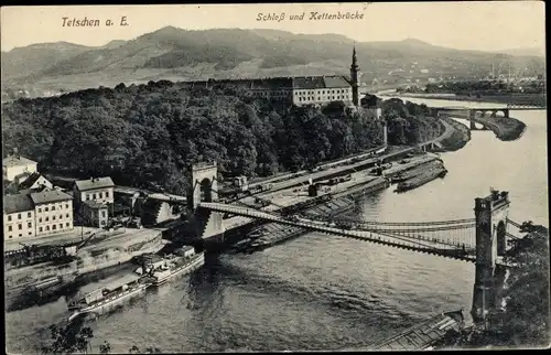 Ak Děčín Tetschen an der Elbe Region Aussig, Schloss, Kettenbrücke