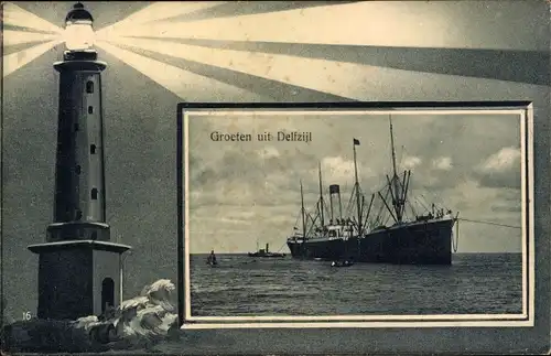 Ak Delfzijl Groningen, Leuchtturm, Dampfer