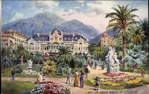 Künstler Ak Nice Nizza Alpes Maritimes, Les Jardins Publics, Le Casino