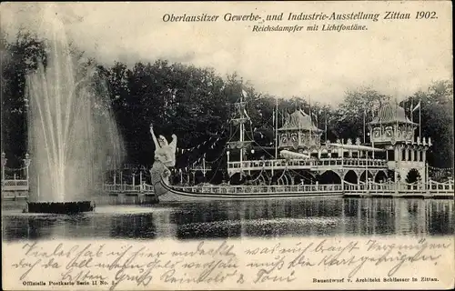 Ak Zittau in Sachsen, Oberlausitzer Gewerbe und Industrieausstellung 1902, Reichsdampfer, Fontäne