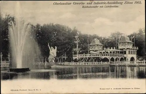 Ak Zittau, Oberlausitzer Gewerbe und Industrieausstellung 1902, Reichsdampfer mit Lichtfontäne