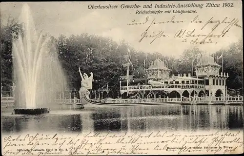 Ak Zittau, Oberlausitzer Gewerbe und Industrieausstellung 1902, Reichsdampfer mit Lichtfontäne