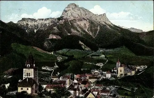 Ak Eisenerz Steiermark Österreich, Blick auf den Ort, Gebirge, Webers Teefabrik