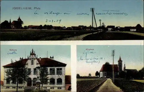 Ak Iggelheim in der Pfalz, Schule, Kirchen, Blick auf den Ort