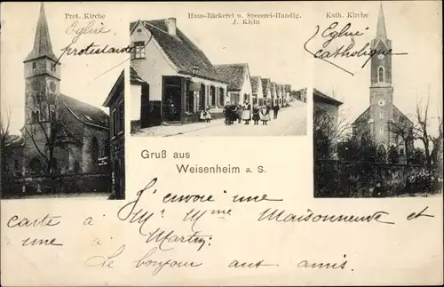 Ak Weisenheim am Sand Pfalz, Kirchen, Bäckerei und Spezereienhandlung