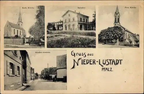 Ak Nieder Lustadt in der Pfalz, Bahnhof, Kirchen, Straßenpartie