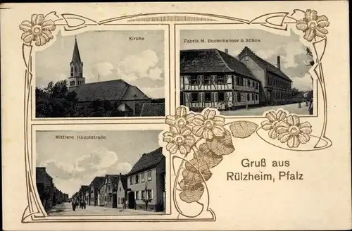 Ak Rülzheim in der Pfalz, Fabrik Bodenheimer & Söhne, Kirche, Hauptstraße