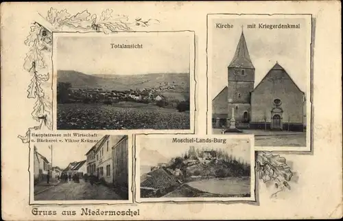 Ak Niedermoschel in der Pfalz, Kirche, Kriegerdenkmal, Wirtschaft, Hauptstraße