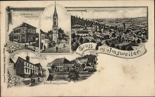 Litho Imsweiler in der Pfalz, Geschäftshaus, Schulhaus, Mühle, Kirche