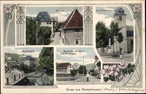 Ak Rockenhausen in der Pfalz, Denkmal mit Kirche, Baussche Gerberei, Schloss, Bezirksamt