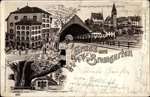 Litho Bremgarten Kanton Aargau, Hotel Sonne, Reuss Brücke, Einsiedelei Emaus