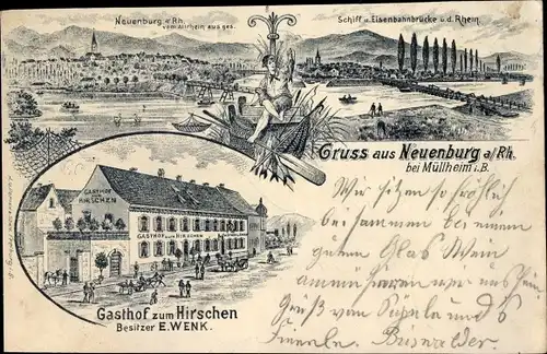 Litho Neuenburg am Rhein Baden, Gasthof zum Hirschen, Schiffbrücke