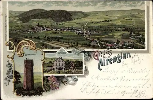 Litho Altenglan in der Pfalz, Gasthaus Potzberg, Potzbergturm, Blick auf den Ort