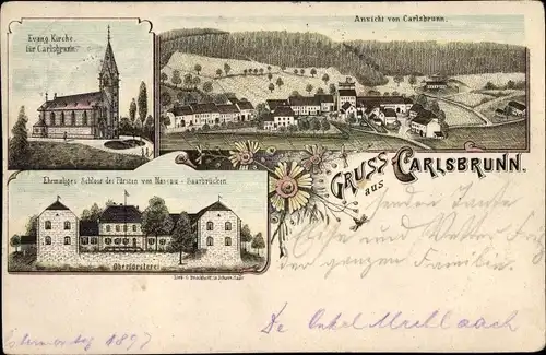 Litho Karlsbrunn Großrosseln im Saarland, Jagdschloss, Evangelische Kirche, Totalansicht