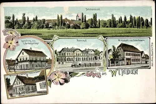 Litho Winden Pfalz, Wirtschaft, Bahnhof, Gleisseite, Handlung Wollenschläger, Metzgerei