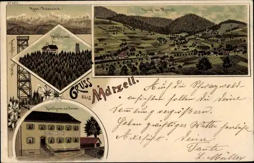 Litho Marzell im Schwarzwald, Aussichtsturm, Gasthaus zur Sonne, Blick auf den Ort