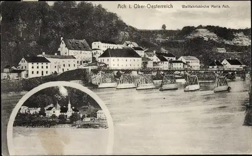 Ak Ach in Oberösterreich, Wallfahrtskirche Maria Ach, Brücke