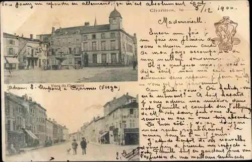 Ak Charmes Vosges, Straßenpartie, Passanten, Brunnen