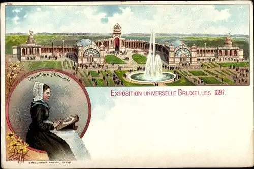 Litho Brüssel, Weltausstellung 1897, Messegelände, Dentelliere Flamande