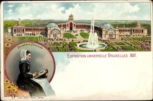 Litho Brüssel, Weltausstellung 1897, Messegelände, Dentelliere Flamande