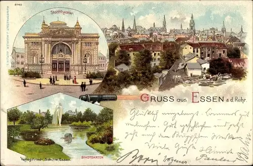 Litho Essen im Ruhrgebiet Nordrhein Westfalen, Stadttheater, Stadtgarten, Krupp Kanone