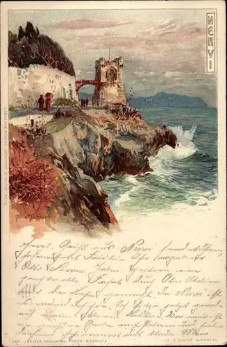 Künstler Litho Wielandt, Manuel, Nervi Genova Genua Liguria, Küstenpartie, Turm