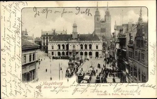 Ak Magdeburg an der Elbe, Markt mit Rathaus, Kirchtürme, Straßenbahnen