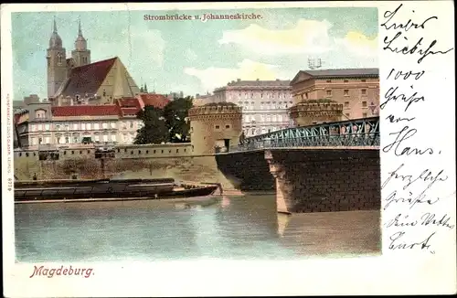 Ak Magdeburg an der Elbe, Strombrücke und Johanneskirche, Schiff