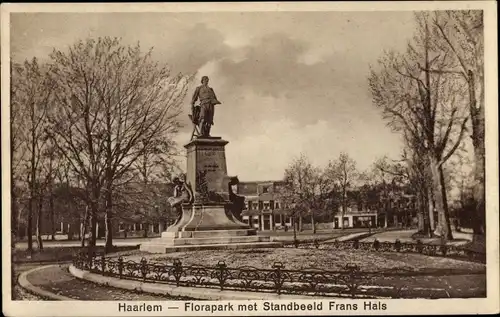 Ak Haarlem Nordholland Niederlande, Florapark met Standbeeld Frans Hals