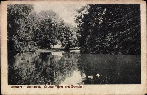 Ak Arnhem Gelderland Niederlande, Sonsbeek, Groote Vijver met Boerderij