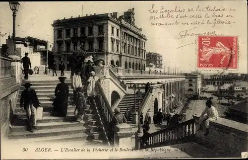 Ak Algier Alger Algerien, L'Escalier de la Pecherie et le Boulevard de la République