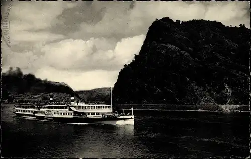 Ak Sankt Goarshausen am Rhein, Felsentor der Loreley, Salondampfer