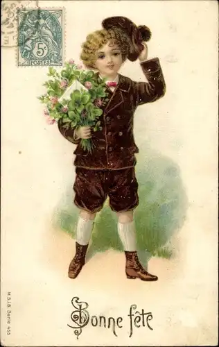 Präge Litho Glückwunsch, Bonne Fete, Junge, Blumenstrauß, Glückwunschkarte