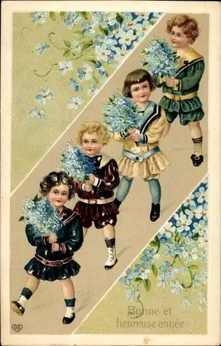 Präge Ak Glückwunsch, Bonne et heureuse annee, Kinder, Vergissmeinnicht