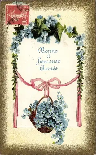 Präge Ak Glückwunsch Neujahr, Vergissmeinnicht, Korb, Schleife