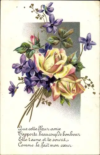 Präge Ak Blumenstrauß, Rosen, Veilchen