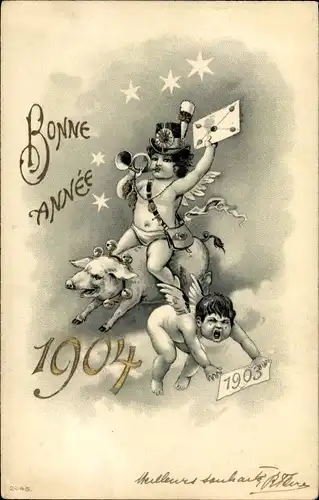 Präge Litho Glückwunsch Neujahr 1904, Neues Jahr ist das, Schwein, Engel