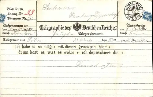 Ak Ich habe es so eilig mit diesen Grüßen hier, ich depeschiere dir, Telegramm