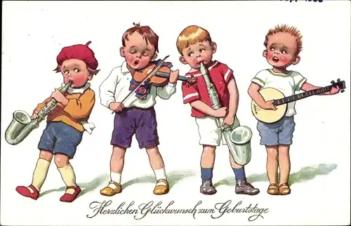 Ak Glückwunsch Geburtstag, Musizierende Jungen, Musikinstrumente