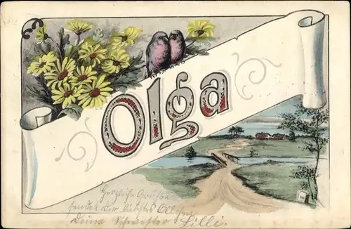 Buchstaben Ak Weiblicher Vorname Olga, Vögel, gelbe Blumen