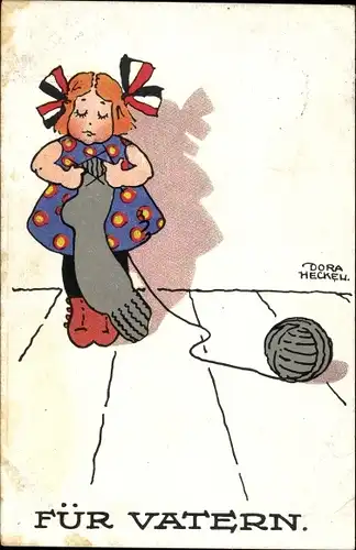 Künstler Ak Heckel, Dora, Für Vatern, Tochter strickt Socken, Patriotik