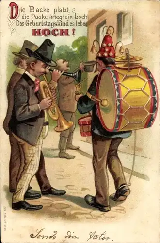 Präge Litho Glückwunsch Geburtstag, Musizierende Männe, Pauke, Trompete
