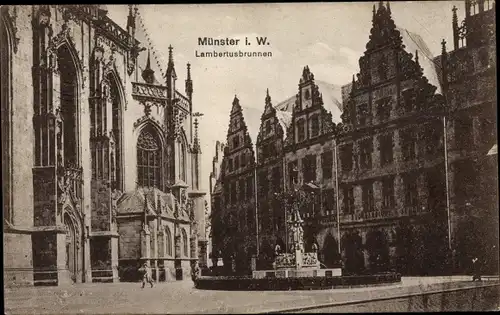 Ak Münster in Westfalen, Lambertusbrunnen, Giebelhäuser, Kirche